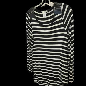 Design History Striped Black & White Tunic  Overblouse either leather inserts L